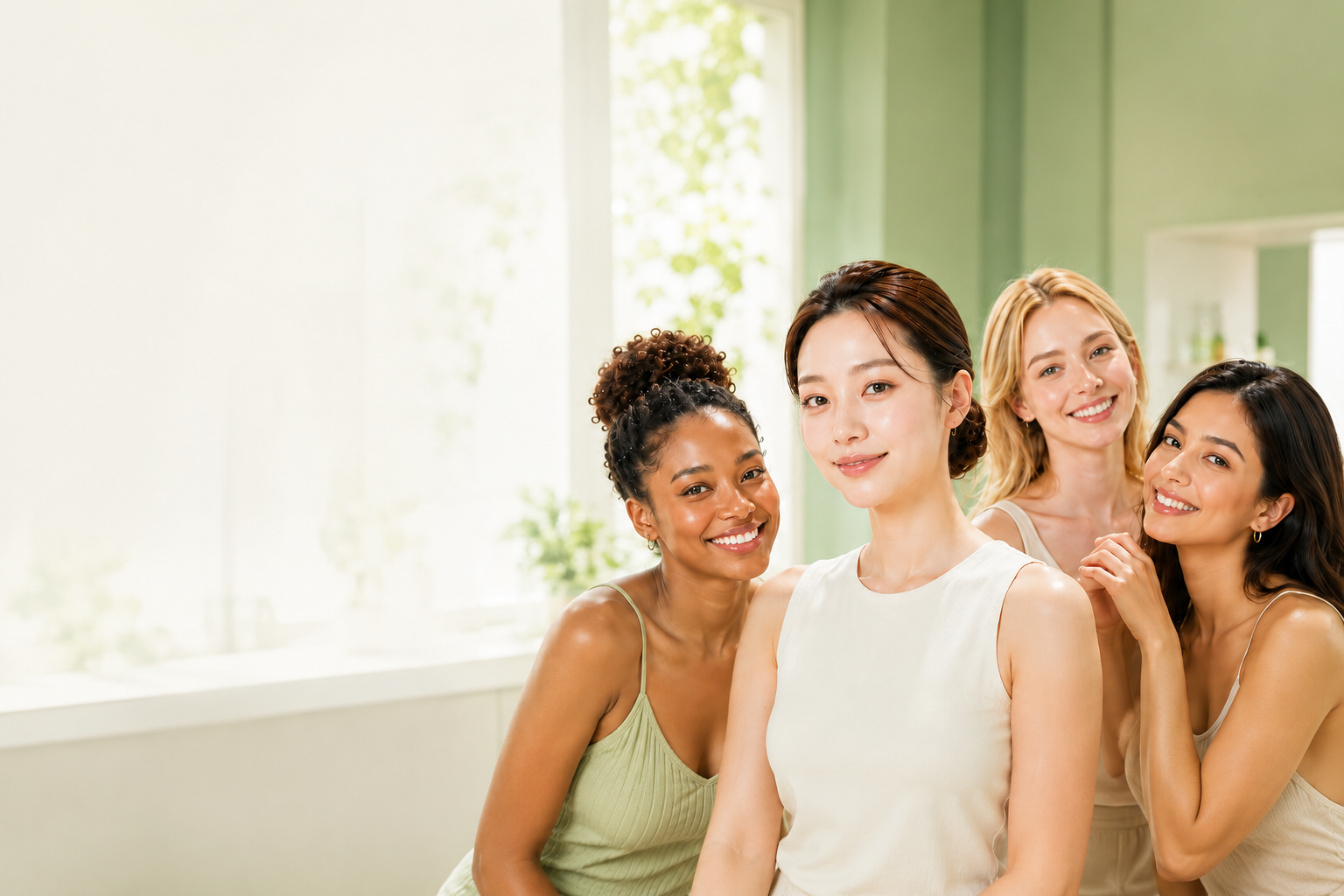 Diverse beauty customers in a bright skincare consultation setting